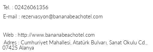 Banana Beach Hotel telefon numaralar, faks, e-mail, posta adresi ve iletiim bilgileri